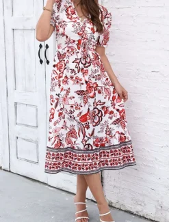 Discount Women's Midi Dress Casual Dress Swing Dress A Line Dress Summer Dress Streetwear A Line Vacation Street Holiday Regular Fit Floral Short Sleeve V Neck Black Red Blue Green Summer Women Spring Dresses|Floral Dresses