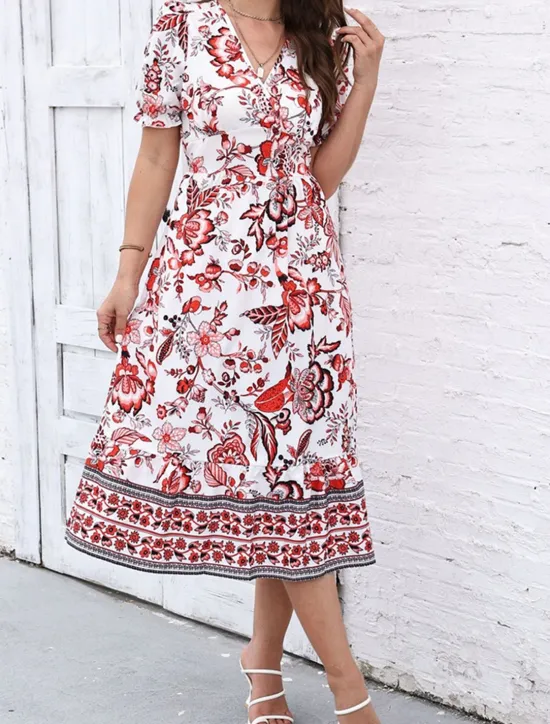 Discount Women's Midi Dress Casual Dress Swing Dress A Line Dress Summer Dress Streetwear A Line Vacation Street Holiday Regular Fit Floral Short Sleeve V Neck Black Red Blue Green Summer Women Spring Dresses|Floral Dresses