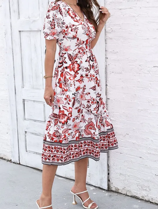 Discount Women's Midi Dress Casual Dress Swing Dress A Line Dress Summer Dress Streetwear A Line Vacation Street Holiday Regular Fit Floral Short Sleeve V Neck Black Red Blue Green Summer Women Spring Dresses|Floral Dresses