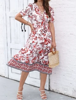 Discount Women's Midi Dress Casual Dress Swing Dress A Line Dress Summer Dress Streetwear A Line Vacation Street Holiday Regular Fit Floral Short Sleeve V Neck Black Red Blue Green Summer Women Spring Dresses|Floral Dresses