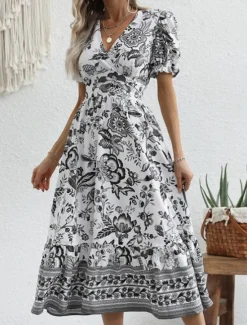 Discount Women's Midi Dress Casual Dress Swing Dress A Line Dress Summer Dress Streetwear A Line Vacation Street Holiday Regular Fit Floral Short Sleeve V Neck Black Red Blue Green Summer Women Spring Dresses|Floral Dresses