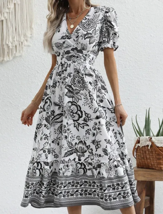 Discount Women's Midi Dress Casual Dress Swing Dress A Line Dress Summer Dress Streetwear A Line Vacation Street Holiday Regular Fit Floral Short Sleeve V Neck Black Red Blue Green Summer Women Spring Dresses|Floral Dresses