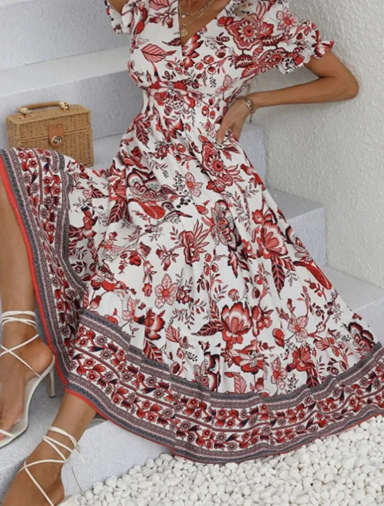 Discount Women's Midi Dress Casual Dress Swing Dress A Line Dress Summer Dress Streetwear A Line Vacation Street Holiday Regular Fit Floral Short Sleeve V Neck Black Red Blue Green Summer Women Spring Dresses|Floral Dresses