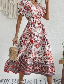 Discount Women's Midi Dress Casual Dress Swing Dress A Line Dress Summer Dress Streetwear A Line Vacation Street Holiday Regular Fit Floral Short Sleeve V Neck Black Red Blue Green Summer Women Spring Dresses|Floral Dresses