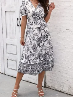 Discount Women's Midi Dress Casual Dress Swing Dress A Line Dress Summer Dress Streetwear A Line Vacation Street Holiday Regular Fit Floral Short Sleeve V Neck Black Red Blue Green Summer Women Spring Dresses|Floral Dresses