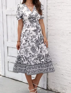 Discount Women's Midi Dress Casual Dress Swing Dress A Line Dress Summer Dress Streetwear A Line Vacation Street Holiday Regular Fit Floral Short Sleeve V Neck Black Red Blue Green Summer Women Spring Dresses|Floral Dresses