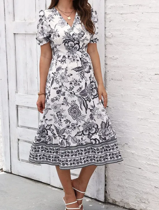 Discount Women's Midi Dress Casual Dress Swing Dress A Line Dress Summer Dress Streetwear A Line Vacation Street Holiday Regular Fit Floral Short Sleeve V Neck Black Red Blue Green Summer Women Spring Dresses|Floral Dresses