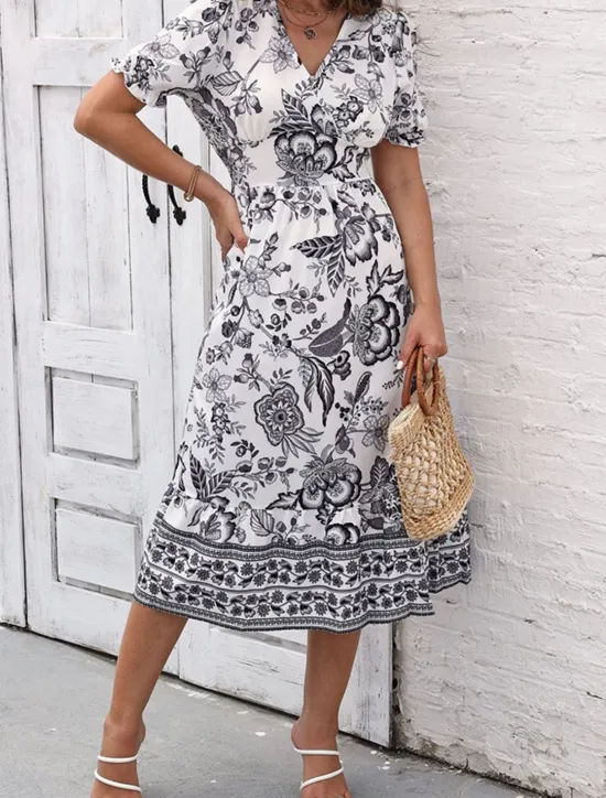 Discount Women's Midi Dress Casual Dress Swing Dress A Line Dress Summer Dress Streetwear A Line Vacation Street Holiday Regular Fit Floral Short Sleeve V Neck Black Red Blue Green Summer Women Spring Dresses|Floral Dresses