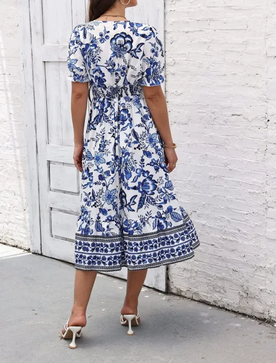 Discount Women's Midi Dress Casual Dress Swing Dress A Line Dress Summer Dress Streetwear A Line Vacation Street Holiday Regular Fit Floral Short Sleeve V Neck Black Red Blue Green Summer Women Spring Dresses|Floral Dresses