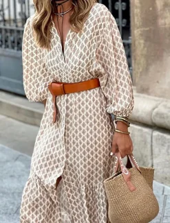 Hot Women's Midi Dress Casual Dress Boho Chic Dresses Bohemia Streetwear A Line Vacation Street Holiday Loose Fit Floral Long Sleeve V Neck Summer Spring Women Casual Dress