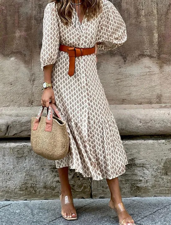 Hot Women's Midi Dress Casual Dress Boho Chic Dresses Bohemia Streetwear A Line Vacation Street Holiday Loose Fit Floral Long Sleeve V Neck Summer Spring Women Casual Dress
