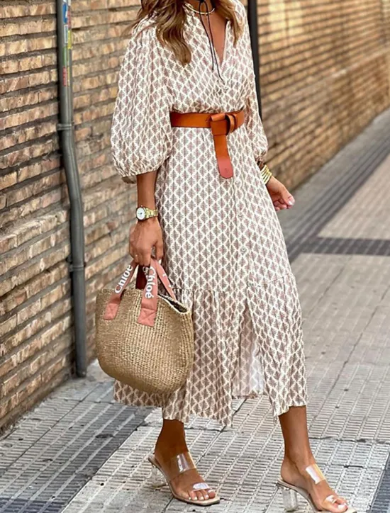 Hot Women's Midi Dress Casual Dress Boho Chic Dresses Bohemia Streetwear A Line Vacation Street Holiday Loose Fit Floral Long Sleeve V Neck Summer Spring Women Casual Dress
