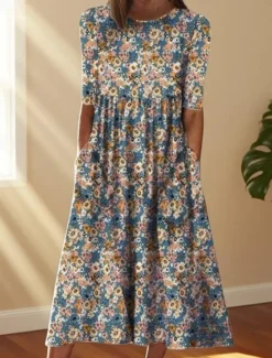Clearance Women's Midi Dress Casual Dress Print Dress Basic Romantic Casual Vacation Daily Fall Dress Regular Fit Floral Graphic Half Sleeve Crew Neck Yellow Blue Orange Fall Women Floral Dresses