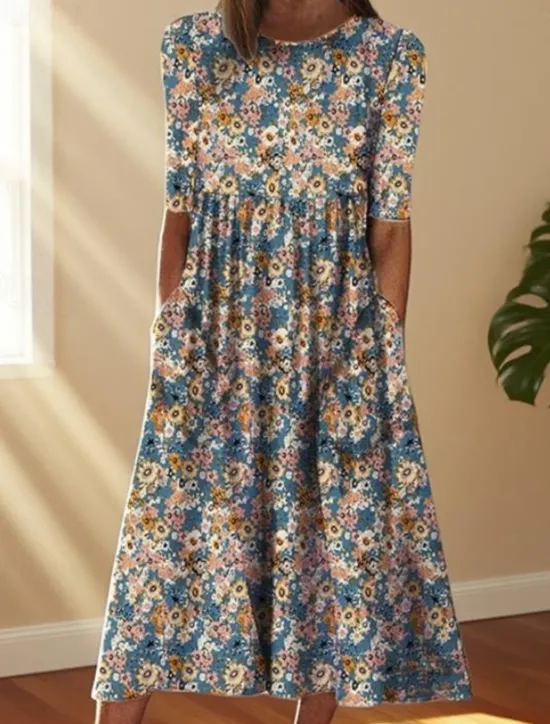 Clearance Women's Midi Dress Casual Dress Print Dress Basic Romantic Casual Vacation Daily Fall Dress Regular Fit Floral Graphic Half Sleeve Crew Neck Yellow Blue Orange Fall Women Floral Dresses