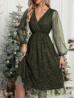 Women's Midi Dress Casual Dress Cocktail Dress Wedding Guest Dress Chiffon Dress Casual Sports & Outdoor Street Regular Fit Plain Long Sleeve V Neck Black Wine Green Fall Winter Women Cocktail Dress