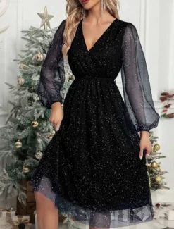 Women's Midi Dress Casual Dress Cocktail Dress Wedding Guest Dress Chiffon Dress Casual Sports & Outdoor Street Regular Fit Plain Long Sleeve V Neck Black Wine Green Fall Winter Women Cocktail Dress