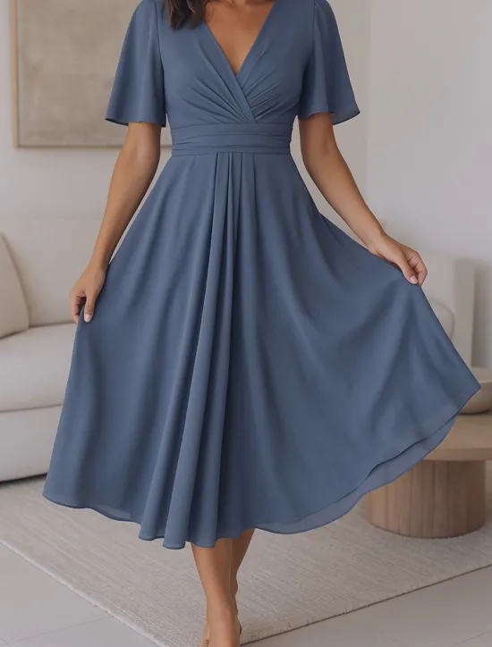 New Women's Midi Dress Casual Dress Cocktail Dress Wedding Guest Dress Chiffon Dress Elegant Modern Mature Outdoor Office Date Regular Fit Plain Short Sleeve V Neck Summer Women Cocktail Dress