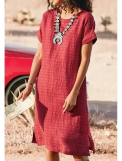 Clearance Women's Midi Dress Casual Dress Cotton Linen Dress Fashion Modern Outdoor Going out Weekend Regular Fit Plain Short Sleeve Crew Neck Black White Red Gray Summer Women Casual Dress