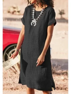 Clearance Women's Midi Dress Casual Dress Cotton Linen Dress Fashion Modern Outdoor Going out Weekend Regular Fit Plain Short Sleeve Crew Neck Black White Red Gray Summer Women Casual Dress