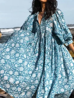Sale Women's Midi Dress Casual Dress Stylish Casual Vacation Daily Regular Fit Floral 3/4 Length Sleeve Crew Neck Blue Spring Fall Women Spring Dresses|Floral Dresses