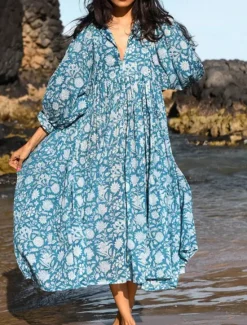 Sale Women's Midi Dress Casual Dress Stylish Casual Vacation Daily Regular Fit Floral 3/4 Length Sleeve Crew Neck Blue Spring Fall Women Spring Dresses|Floral Dresses