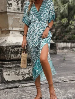 New Women's Midi Dress Casual Dress A Line Dress Summer Dress Boho Dress Hawaiian Stylish Vacation Daily Date Regular Fit Floral Short Sleeve V Neck Summer Women Spring Dresses