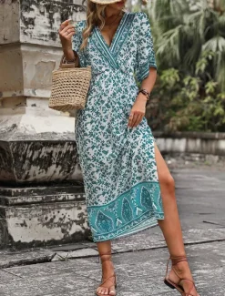 New Women's Midi Dress Casual Dress A Line Dress Summer Dress Boho Dress Hawaiian Stylish Vacation Daily Date Regular Fit Floral Short Sleeve V Neck Summer Women Spring Dresses