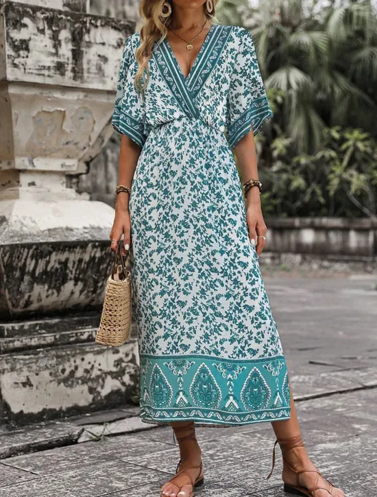 New Women's Midi Dress Casual Dress A Line Dress Summer Dress Boho Dress Hawaiian Stylish Vacation Daily Date Regular Fit Floral Short Sleeve V Neck Summer Women Spring Dresses