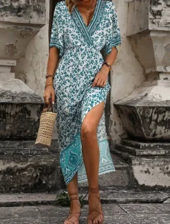 New Women's Midi Dress Casual Dress A Line Dress Summer Dress Boho Dress Hawaiian Stylish Vacation Daily Date Regular Fit Floral Short Sleeve V Neck Summer Women Spring Dresses