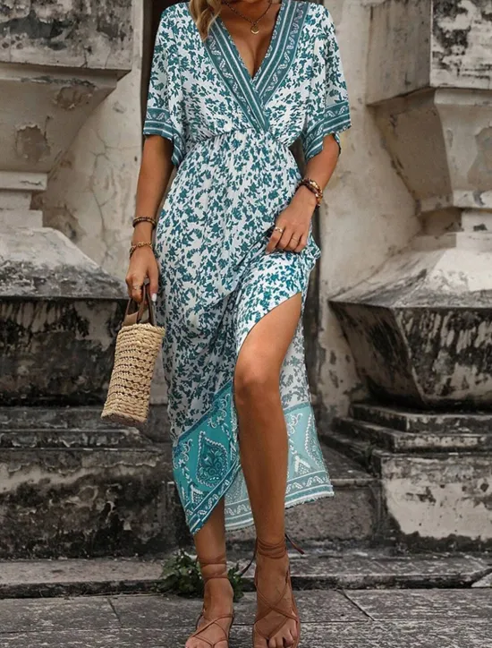 New Women's Midi Dress Casual Dress A Line Dress Summer Dress Boho Dress Hawaiian Stylish Vacation Daily Date Regular Fit Floral Short Sleeve V Neck Summer Women Spring Dresses