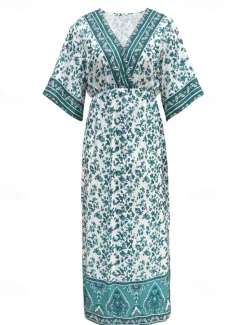 New Women's Midi Dress Casual Dress A Line Dress Summer Dress Boho Dress Hawaiian Stylish Vacation Daily Date Regular Fit Floral Short Sleeve V Neck Summer Women Spring Dresses