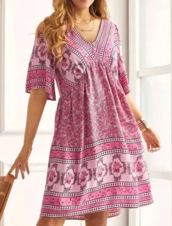 Outlet Women's Midi Dress Casual Dress Summer Dress Boho Dress Streetwear Vacation Street Holiday Regular Fit Graphic Short Sleeve V Neck Pink Red Navy Blue Blue Summer Women Floral Dresses
