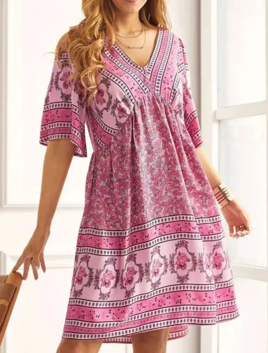 Outlet Women's Midi Dress Casual Dress Summer Dress Boho Dress Streetwear Vacation Street Holiday Regular Fit Graphic Short Sleeve V Neck Pink Red Navy Blue Blue Summer Women Floral Dresses
