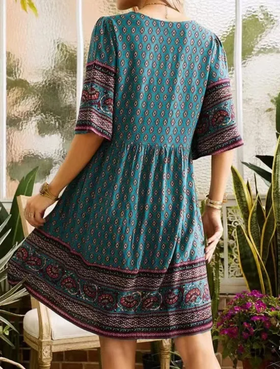 Outlet Women's Midi Dress Casual Dress Summer Dress Boho Dress Streetwear Vacation Street Holiday Regular Fit Graphic Short Sleeve V Neck Pink Red Navy Blue Blue Summer Women Floral Dresses