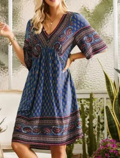 Outlet Women's Midi Dress Casual Dress Summer Dress Boho Dress Streetwear Vacation Street Holiday Regular Fit Graphic Short Sleeve V Neck Pink Red Navy Blue Blue Summer Women Floral Dresses