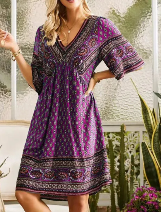 Outlet Women's Midi Dress Casual Dress Summer Dress Boho Dress Streetwear Vacation Street Holiday Regular Fit Graphic Short Sleeve V Neck Pink Red Navy Blue Blue Summer Women Floral Dresses