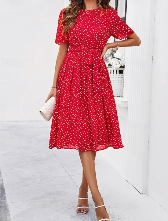 Discount Women's Midi Dress Casual Dress Summer Dress Streetwear Vacation Street Holiday Regular Fit Polka Dot Short Sleeve Crew Neck Black Red Blue Green Summer Women Cocktail Dress