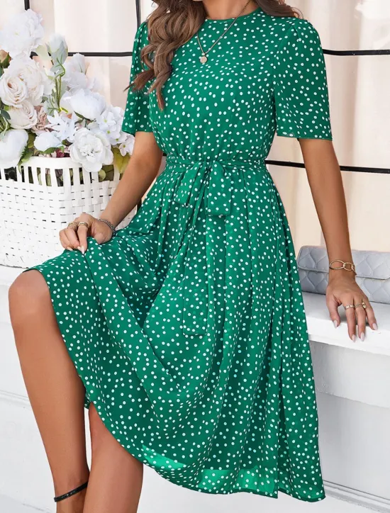 Discount Women's Midi Dress Casual Dress Summer Dress Streetwear Vacation Street Holiday Regular Fit Polka Dot Short Sleeve Crew Neck Black Red Blue Green Summer Women Cocktail Dress