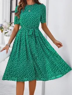 Discount Women's Midi Dress Casual Dress Summer Dress Streetwear Vacation Street Holiday Regular Fit Polka Dot Short Sleeve Crew Neck Black Red Blue Green Summer Women Cocktail Dress