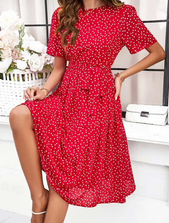 Discount Women's Midi Dress Casual Dress Summer Dress Streetwear Vacation Street Holiday Regular Fit Polka Dot Short Sleeve Crew Neck Black Red Blue Green Summer Women Cocktail Dress