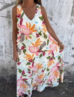 Sale Women's Midi Dress Casual Dress A Line Dress Stylish Casual Vacation Daily Beach Regular Fit Floral Leaf Sleeveless V Neck Dark Blue Apricot Beige Summer Women Vacation Dresses