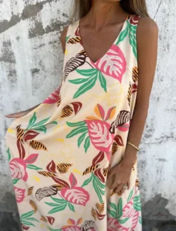 Sale Women's Midi Dress Casual Dress A Line Dress Stylish Casual Vacation Daily Beach Regular Fit Floral Leaf Sleeveless V Neck Dark Blue Apricot Beige Summer Women Vacation Dresses