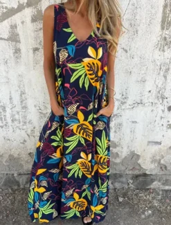 Sale Women's Midi Dress Casual Dress A Line Dress Stylish Casual Vacation Daily Beach Regular Fit Floral Leaf Sleeveless V Neck Dark Blue Apricot Beige Summer Women Vacation Dresses
