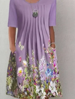 Hot Women's Midi Dress Casual Dress Floral Ruched Pocket Crew Neck Basic Classic Daily Short Sleeve Summer Spring Women T Shirt Dresses