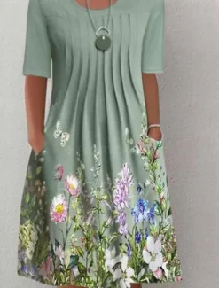 Hot Women's Midi Dress Casual Dress Floral Ruched Pocket Crew Neck Basic Classic Daily Short Sleeve Summer Spring Women T Shirt Dresses