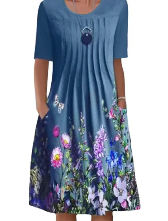Hot Women's Midi Dress Casual Dress Floral Ruched Pocket Crew Neck Basic Classic Daily Short Sleeve Summer Spring Women T Shirt Dresses