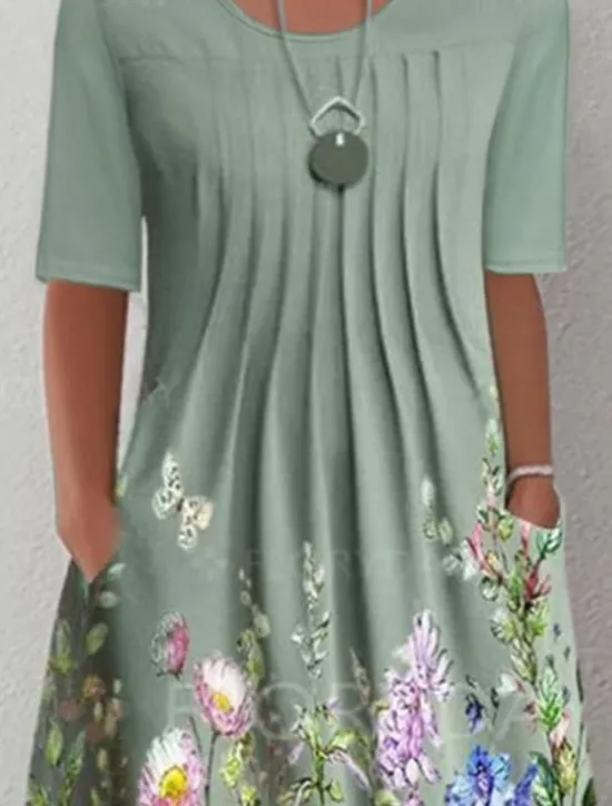 Hot Women's Midi Dress Casual Dress Floral Ruched Pocket Crew Neck Basic Classic Daily Short Sleeve Summer Spring Women T Shirt Dresses