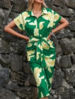Best Women's Midi Dress Casual Dress A Line Dress Stylish Casual Vacation Daily Regular Fit Floral Leaf Short Sleeve Shirt Collar Red Green Summer Women Spring Dresses