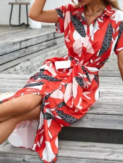 Best Women's Midi Dress Casual Dress A Line Dress Stylish Casual Vacation Daily Regular Fit Floral Leaf Short Sleeve Shirt Collar Red Green Summer Women Spring Dresses