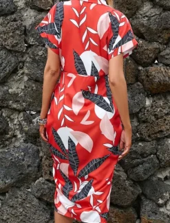 Best Women's Midi Dress Casual Dress A Line Dress Stylish Casual Vacation Daily Regular Fit Floral Leaf Short Sleeve Shirt Collar Red Green Summer Women Spring Dresses